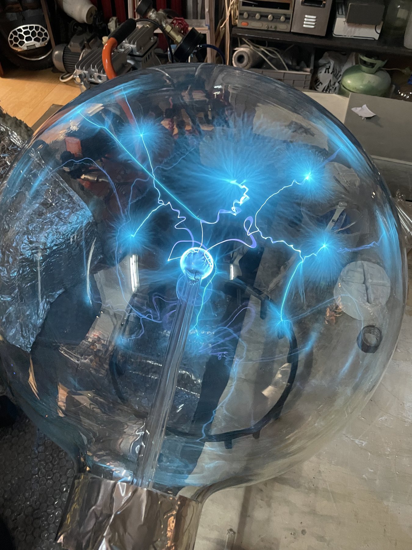 Testing a plasma globe on the bench in our workshop