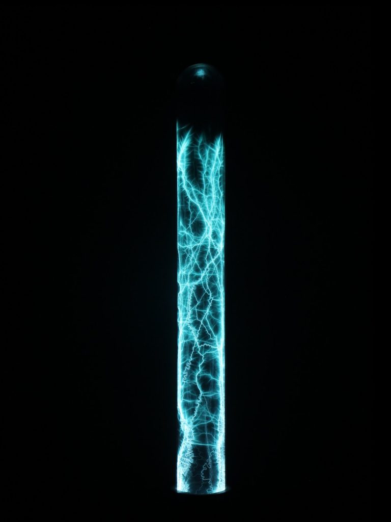 Blue Net — sky-blue lightning across the glass